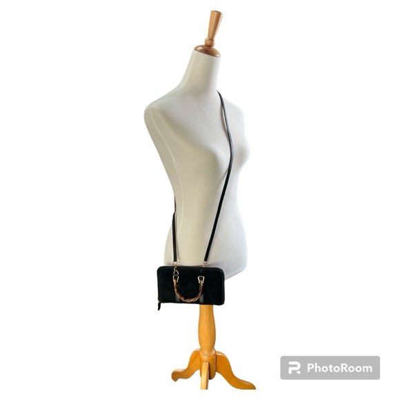 Vintage Gucci zip around wallet on a chain WOC crossbody black suede bamboo - Picture 10 of 16